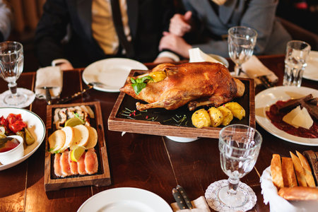 Baked goose in apples on the festive table.の写真素材