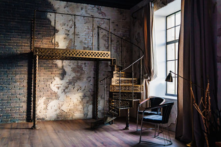 The interior of the room is loft-style with a metal staircase and a balcony.の写真素材