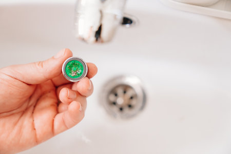A plumber cleans a water purification filter in faucet faucets in a washbasin