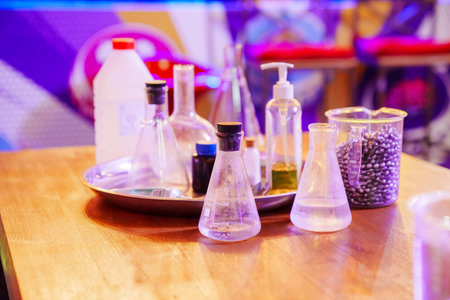 flasks and beakers for presentation with chemical experiments.