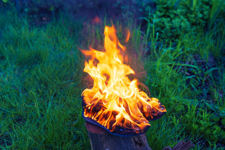 Burning leather sports shoes. Sneakers or gym shoes on fire stand on the Stump.の写真素材