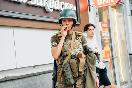 the streets of during the attempted military coup in Rostov-on-Don Russia.のeditorial素材