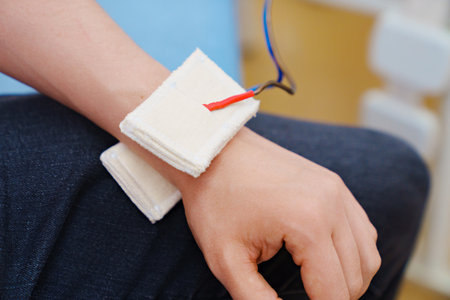 patient with an electrotherapy on hand. electrical stimulation.
