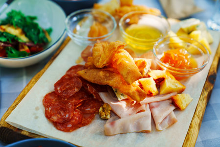 A wooden tray with chips, honey, sauce, cheese and meat appetizers