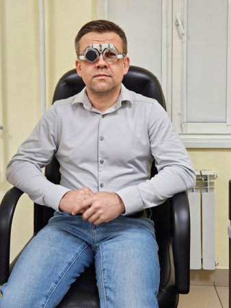 Middle-aged man wearing glasses for eye exam in ophthalmologists office.