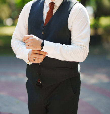 without a face. A man in a suit vest and tie.の写真素材