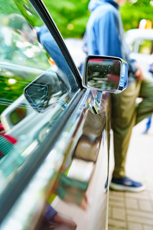 Side mirror on a vintage car. Vintage car parts.