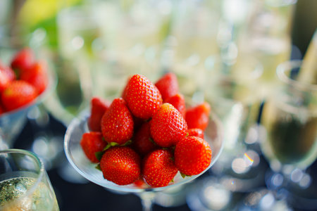 Strawberries in a glass as an appetizer for champagne at a banquet.の写真素材