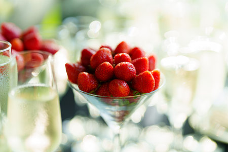 Strawberries in a glass as an appetizer for champagne at a banquet.の写真素材