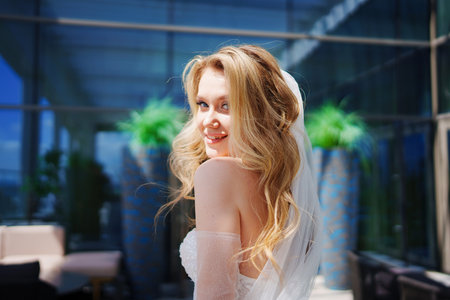 Delicate portrait of a blonde brideの写真素材