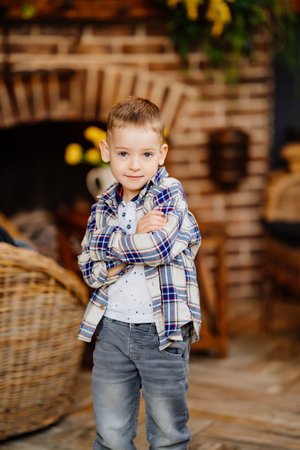Funny little boy in plaid shirt and jeans in the interior of a country house.の写真素材