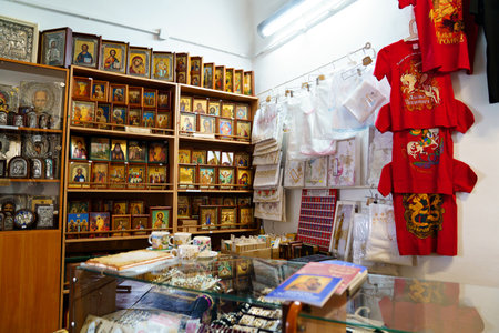 A church shop with icons and religious paraphernalia.のeditorial素材