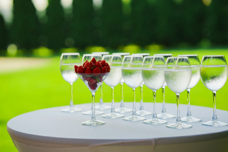 Strawberries in a glass as an appetizer for champagne at a banquet.の写真素材