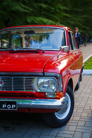 Vintage old red Moskvich car. Soviet automobile industry.のeditorial素材
