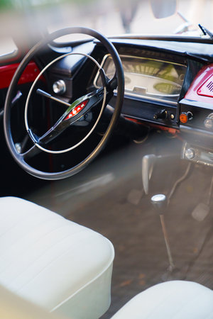 Vintage car steering wheel. Soviet automobile industry.のeditorial素材