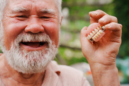 The elderly mans hold a false jaw.の写真素材