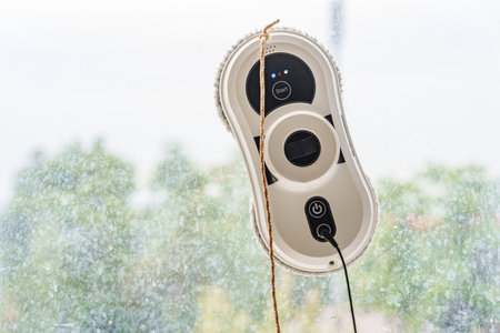 A robot window cleaner washes a window.の写真素材