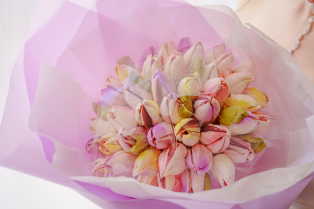 A beautiful and delicate bouquet of marshmallow tulips.の写真素材