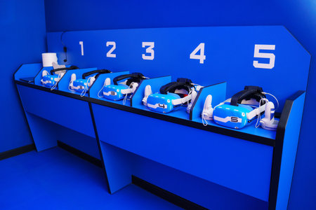 Blue virtual reality helmets. A device for immersing the user in the vr.