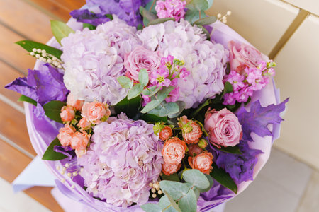 A large and beautiful bouquet of pink, purple and orange flowers.の写真素材