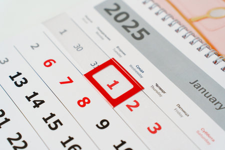 Sheets of a tear-off calendar for 2025 with a red frame. Making calendars with photos in a printing house as a gift or as a souvenir.の写真素材