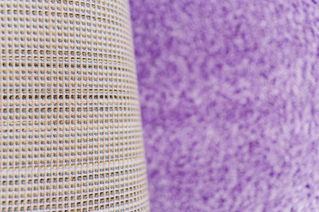 close-up violet Interior pile carpet made of polypropylene. Long fibers form a high pile. pleasant...