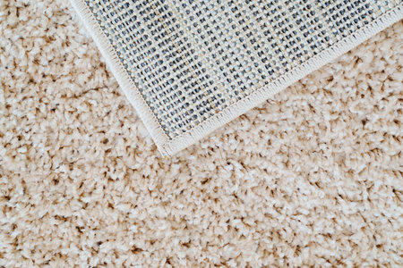 close-up beige Interior pile carpet made of polypropylene. Long fibers form a high pile. pleasant...