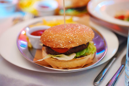 Metal plate with burger, french fries and tomato sauce.の写真素材