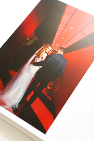 the pages of a photo book with wedding photos.の写真素材