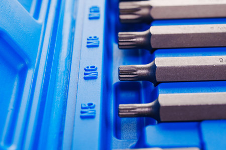 part of A set of single-sided chrome steel bits in a blue plastic box. construction tools.