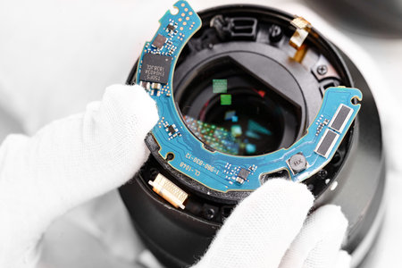 the hands of the master with gloves and a broken lens of a professional camera and repair tools on a white table. service center of photographic equipment.の写真素材