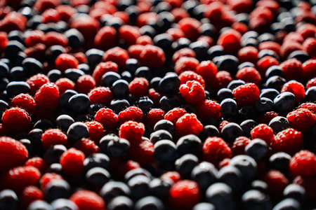 background. The surface is covered with raspberries and blueberries.