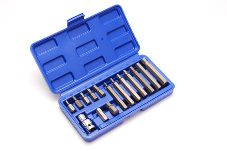 A set of single-sided chrome steel bits in a blue plastic box on a white background. construction...