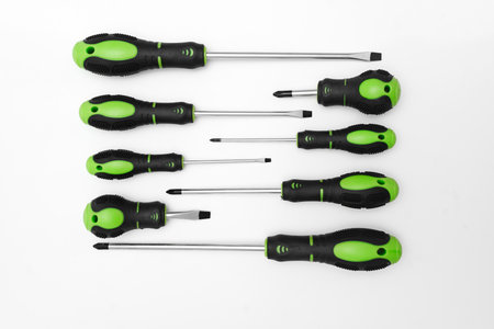 Screwdriver set 10 pieces on a white background. Hand-held locksmith and joiner's mounting tools for...