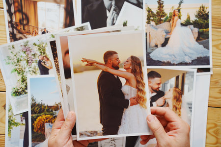 Mens hands put on the table and show wedding photos.