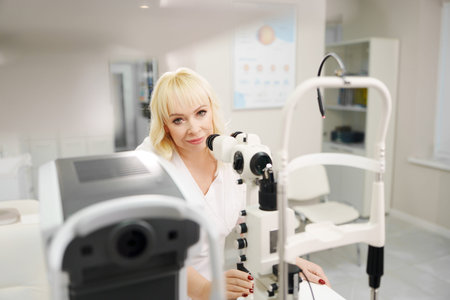 Ophthalmologist examining a patient in a clinic setting