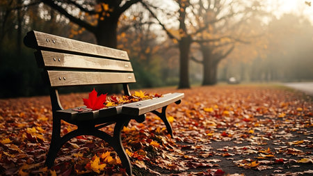 A wooden bench sits amidst a carpet of fallen autumn leaves in a tranquil park setting.の素材