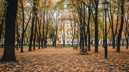 A tranquil pathway lined with trees displaying autumn colors, leading to a distant building.の素材