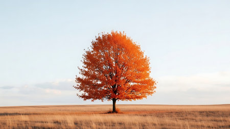 A solitary tree with vibrant autumn leaves stands tall in the middle of a golden field under a clear blue sky.の素材