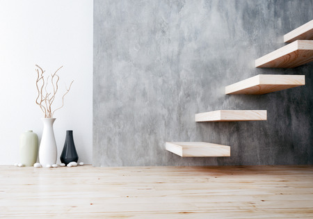 closeup of wood stair and vase ceramicの写真素材