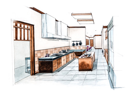 Kitchen room for restaurant design of watercolor paintingの写真素材
