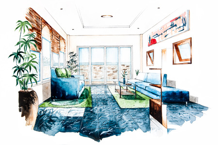 Living room design of watercolor paintingの写真素材