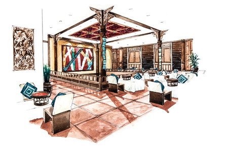 Thai Lanna restaurant design of watercolor paintingの写真素材