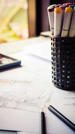 Sketch idea of interior decorated on white paper closeupの写真素材