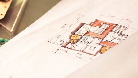 closeup of plan interior on white paperの写真素材