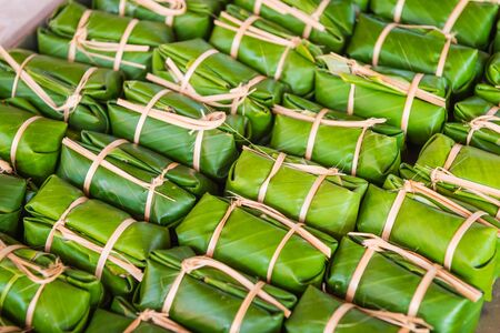 Green background of Khao Tom Mad, dessert food of Thailand cultureの写真素材