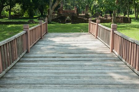 Closeup of Wood Bridge in gardenの写真素材