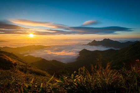 Phu Chi Fa mountain landscape with sunrise, Thailandの写真素材