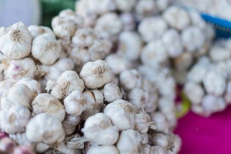 Closeup of white garlic stack  for ingredient foodの写真素材