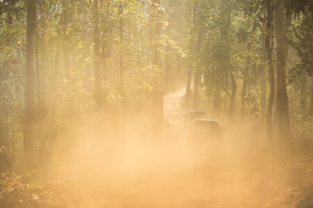 Foggy of soil road when a car running